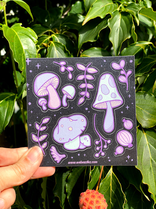 B-Grade Glitter Finish Purple Mushrooms Sticker Sheet