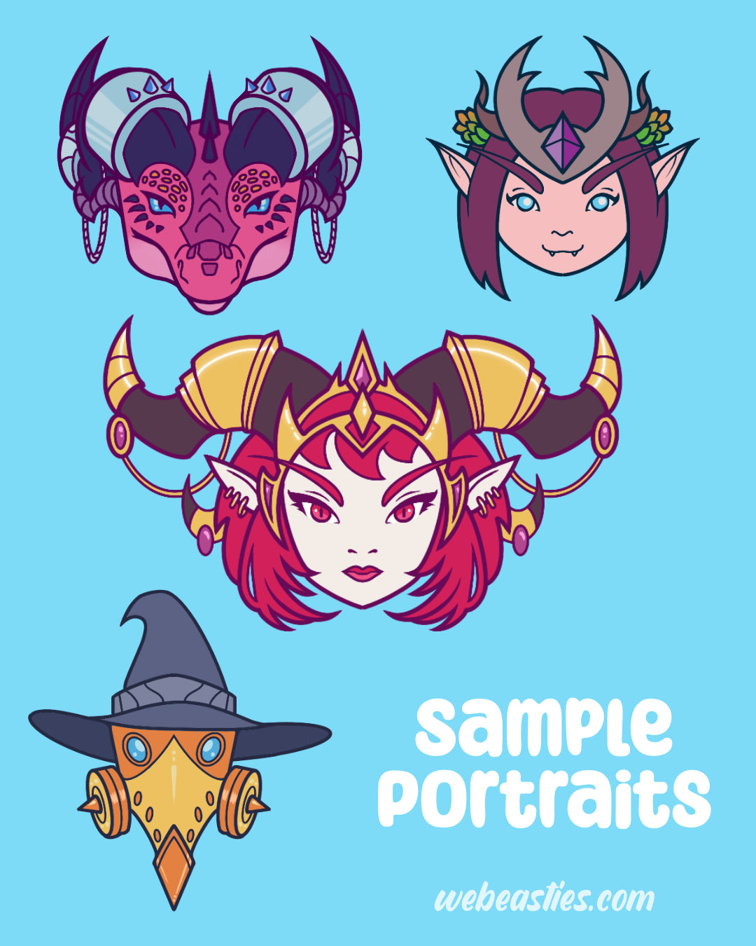 Four examples of portrait style #2 with armored characters from World of Warcraft including a dracthyr evoker, a night elf druid, Alexstrasza in her human form, and a warlock wearing gold plague doctor mask and a wizard hat. The style features clean line art and bright colors. 