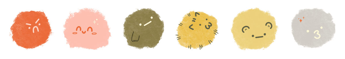 Six puff balls in different colors and with different expressions