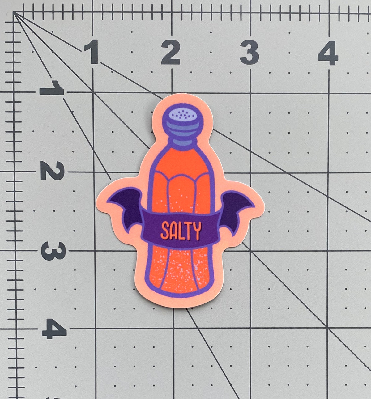A peach vinyl sticker with an illustration of a salt shaker and a banner that says "Salty" against a ruled background to show size.